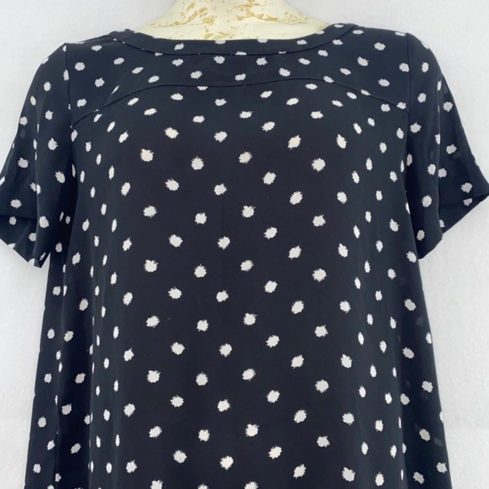 LOFT S Polka Dot Blouse Short Sleeve Round Neck Casual Top Black White Sheer
